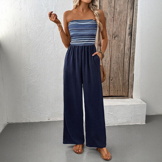Summer Simple Jumpsuit Elastic Patchwork Stripes Jumpsuit
