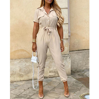 Clothing Trousers Collared Button Printed Belt Cargo Overalls
