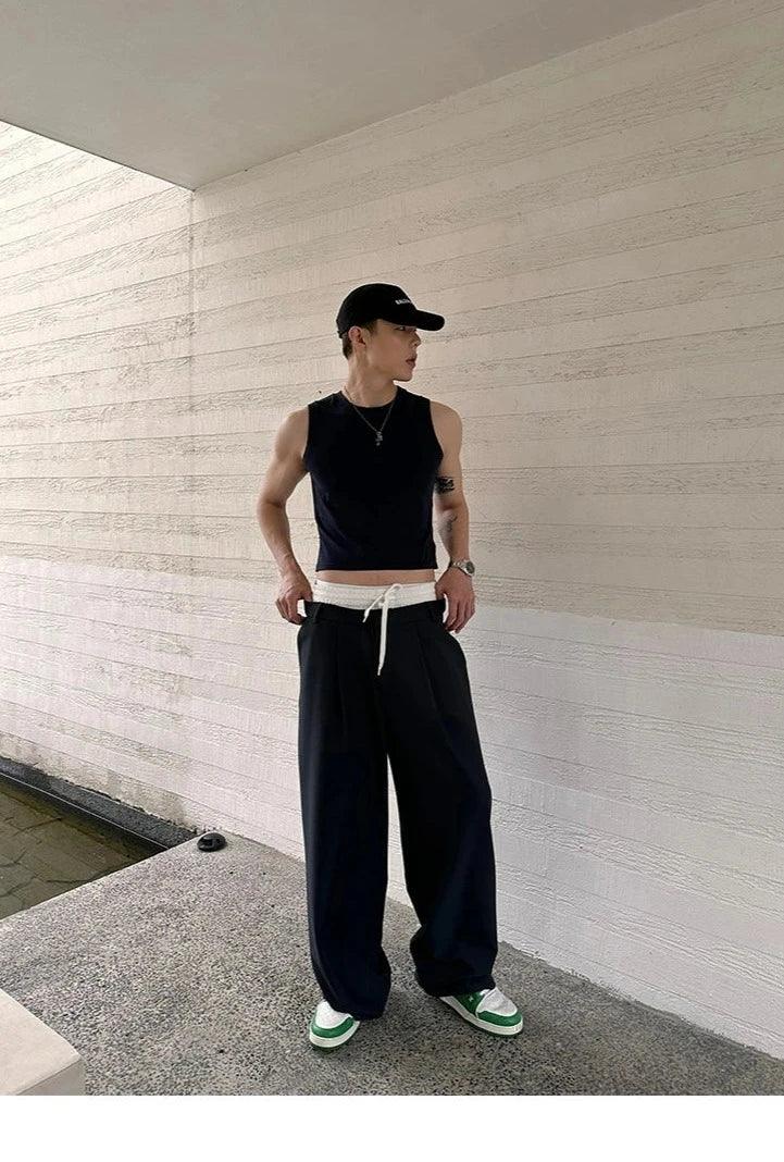 Weave Studio Navy Wide Leg Trousers - Elastic Waist Drawstring Pants With Pleated Front