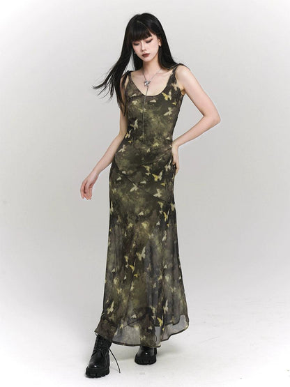 Ladyghost Woodland Whisper Maxi Dress - Camo-inspired Butterfly Print Slip Dress
