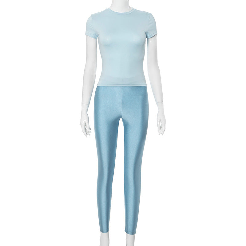 Autumn Clothing Round Neck Short Sleeve High Waist Slimming Pants Suit