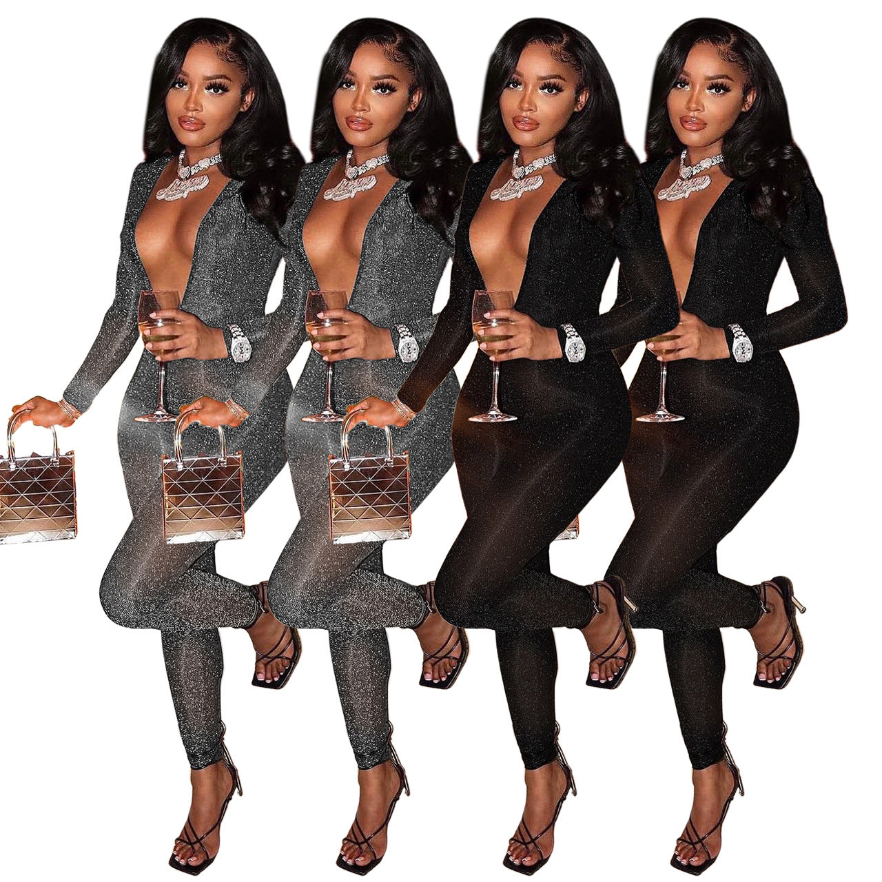 Clothing Eaby Deep V Plunge Neck Night Club Bright Silk Slim Hollow Out Cutout Jumpsuit