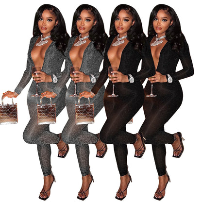 Clothing Eaby Deep V Plunge Neck Night Club Bright Silk Slim Hollow Out Cutout Jumpsuit