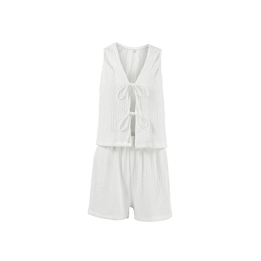 White Bubble Crepe Sleeveless Lace Up Vest Pants Set Spring Summer Two Piece Set
