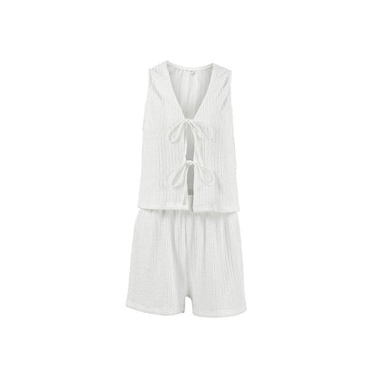 White Bubble Crepe Sleeveless Lace Up Vest Pants Set Spring Summer Two Piece Set