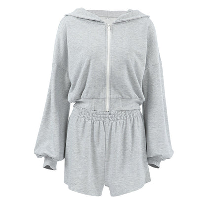 Fall Hooded Long Sleeve High Waist Loose Shorts Two Piece Set All Matching Sports Gray