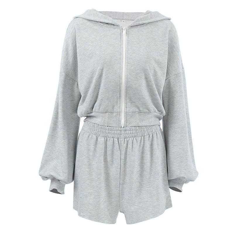 Fall Hooded Long Sleeve High Waist Loose Shorts Two Piece Set All Matching Sports Gray