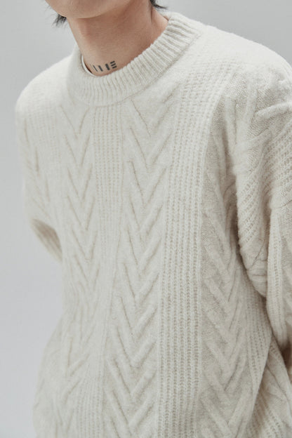 Cream Cable Knit Sweater With Chevron Pattern