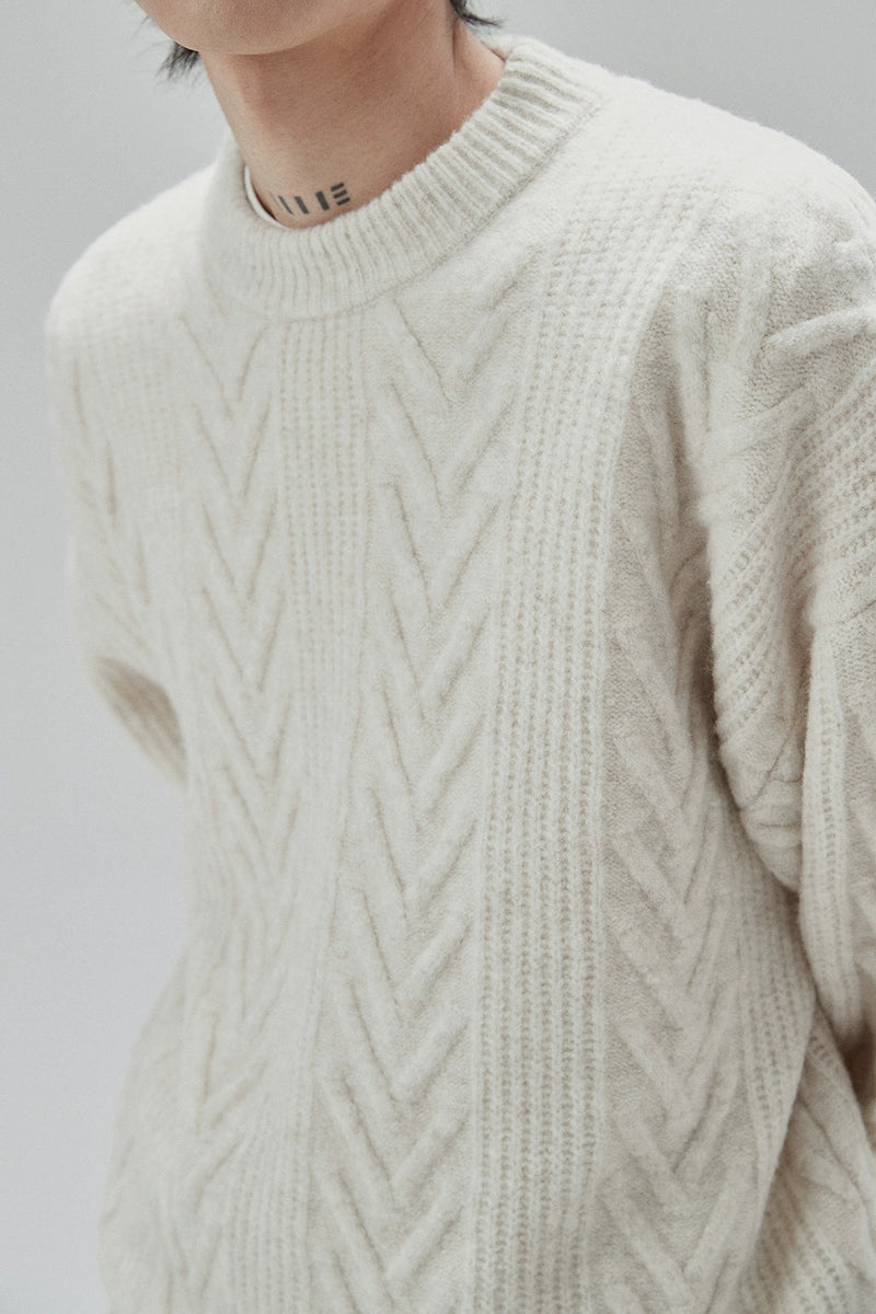 Cream Cable Knit Sweater With Chevron Pattern