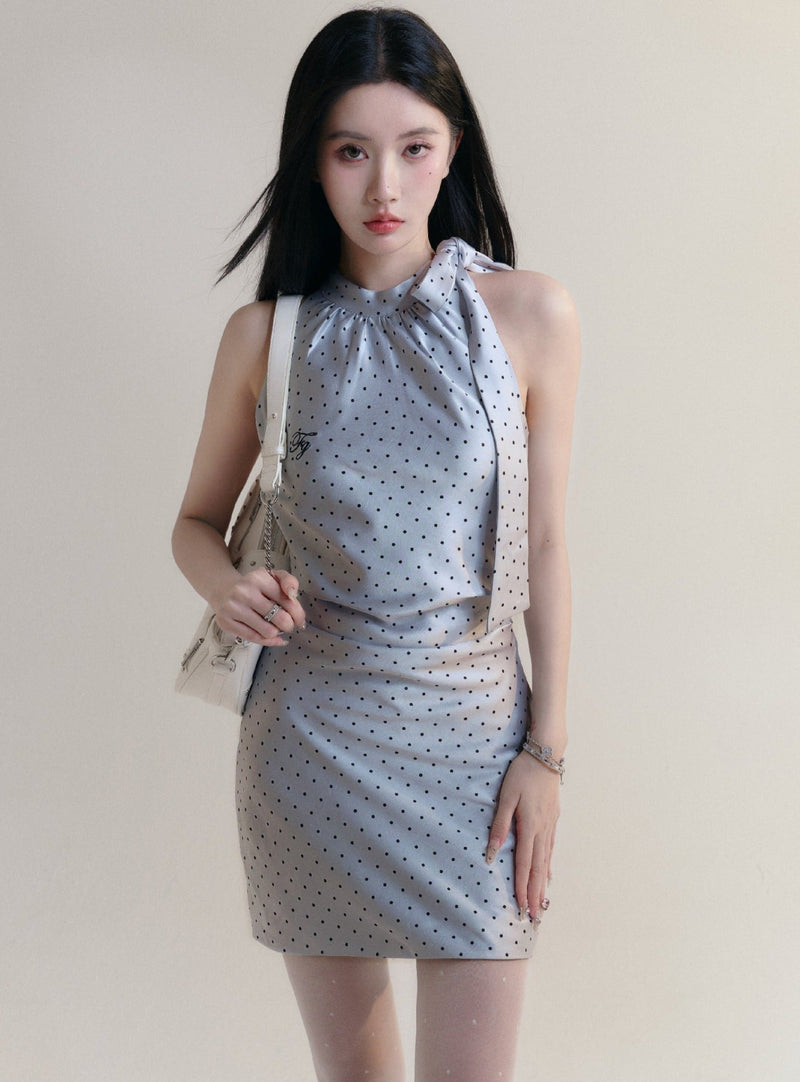 Polka Dot Halter Neck Mini Dress in Light Blue