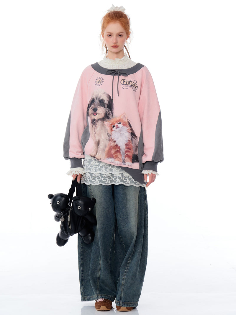Cat and Dog Print Two-tone Sweatshirt