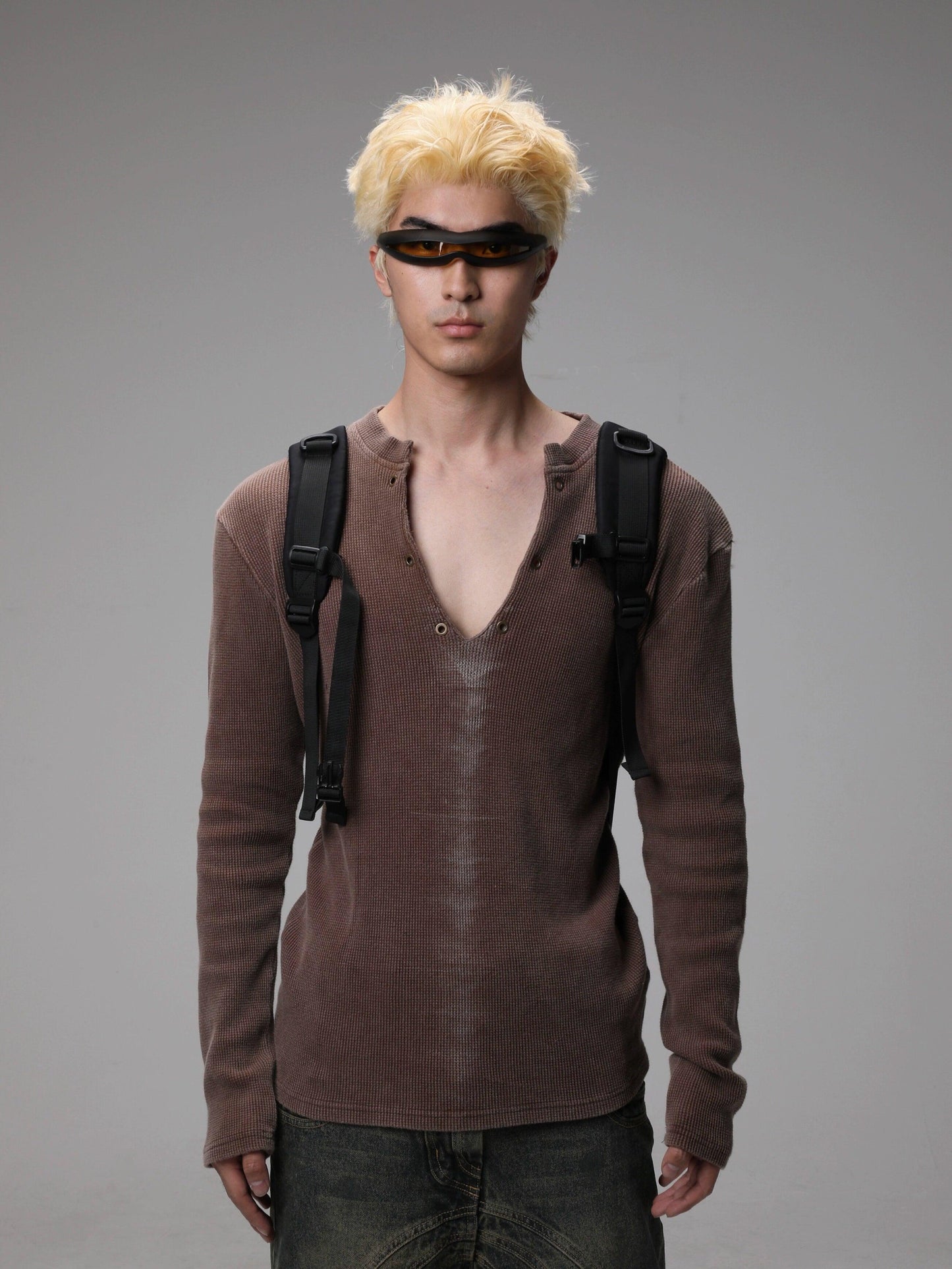 Brown Textured V-neck Sweater