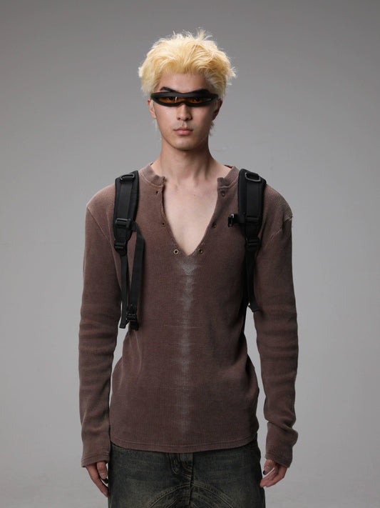 Brown Textured V-neck Sweater