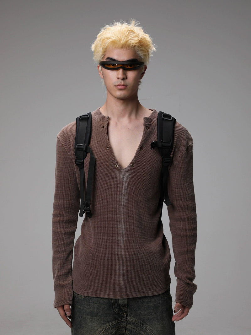 Brown Textured V-neck Sweater