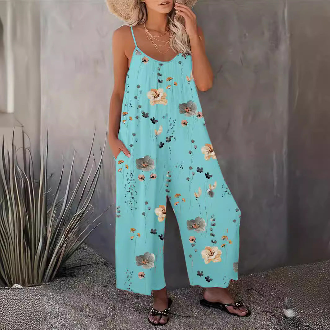 Spring Summer Suspender Trousers Autumn Best Printed Sleeveless Jumpsuit