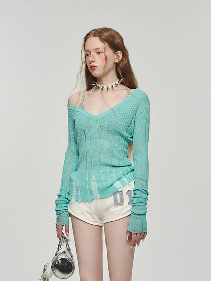 Hollow-out V-neck Thin Cardigan With Distressed Waist Knit Top