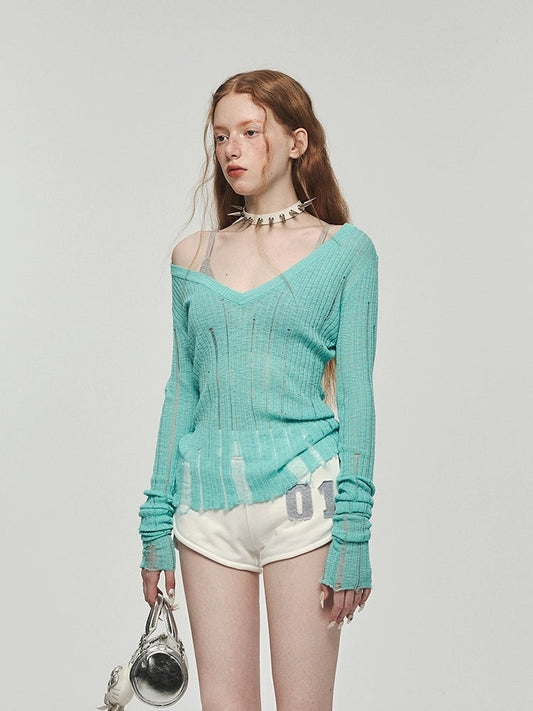 Hollow-out V-neck Thin Cardigan With Distressed Waist Knit Top
