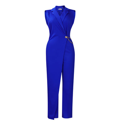 Clothing Suit Collar Tight Waist Chain Loose Wide Leg Jumpsuit