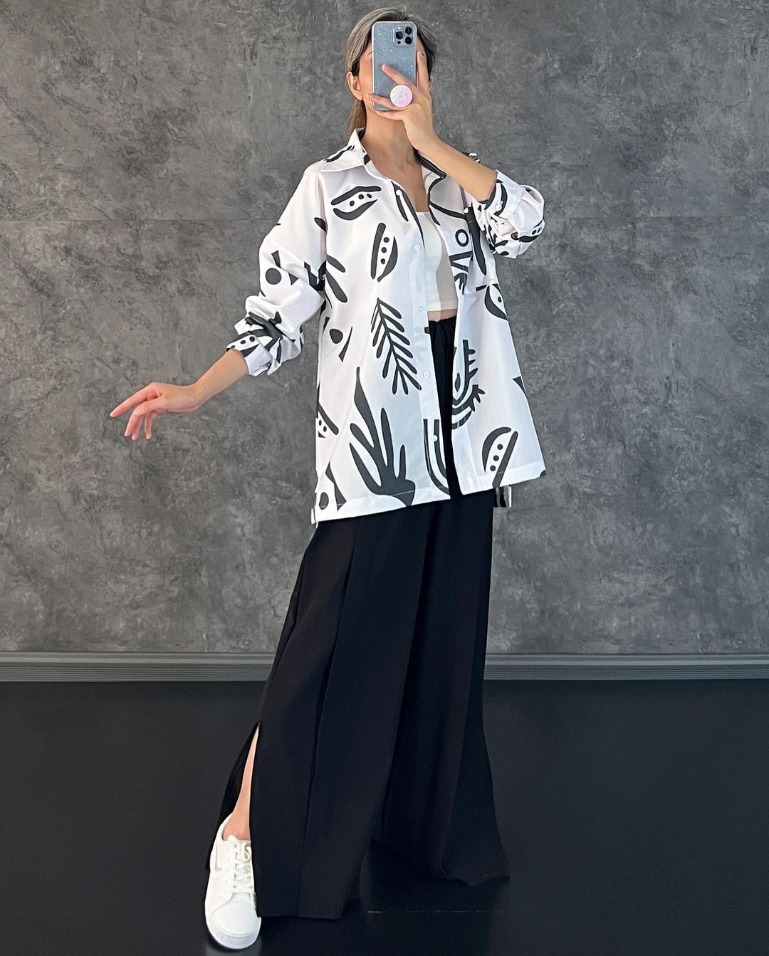Clothing Long Sleeve Printed Shirt High Waist Slit Wide Leg Pants Set Amplified Craft