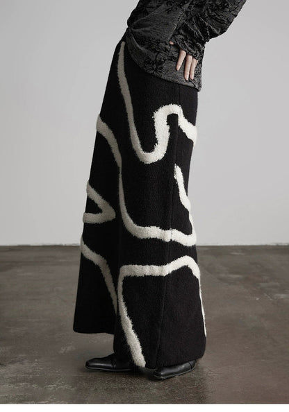 White Striped Black Knit Straight Skirt
