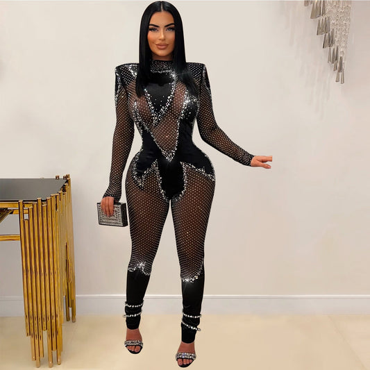 Mesh Rhinestone Long Sleeved Trousers Jumpsuit