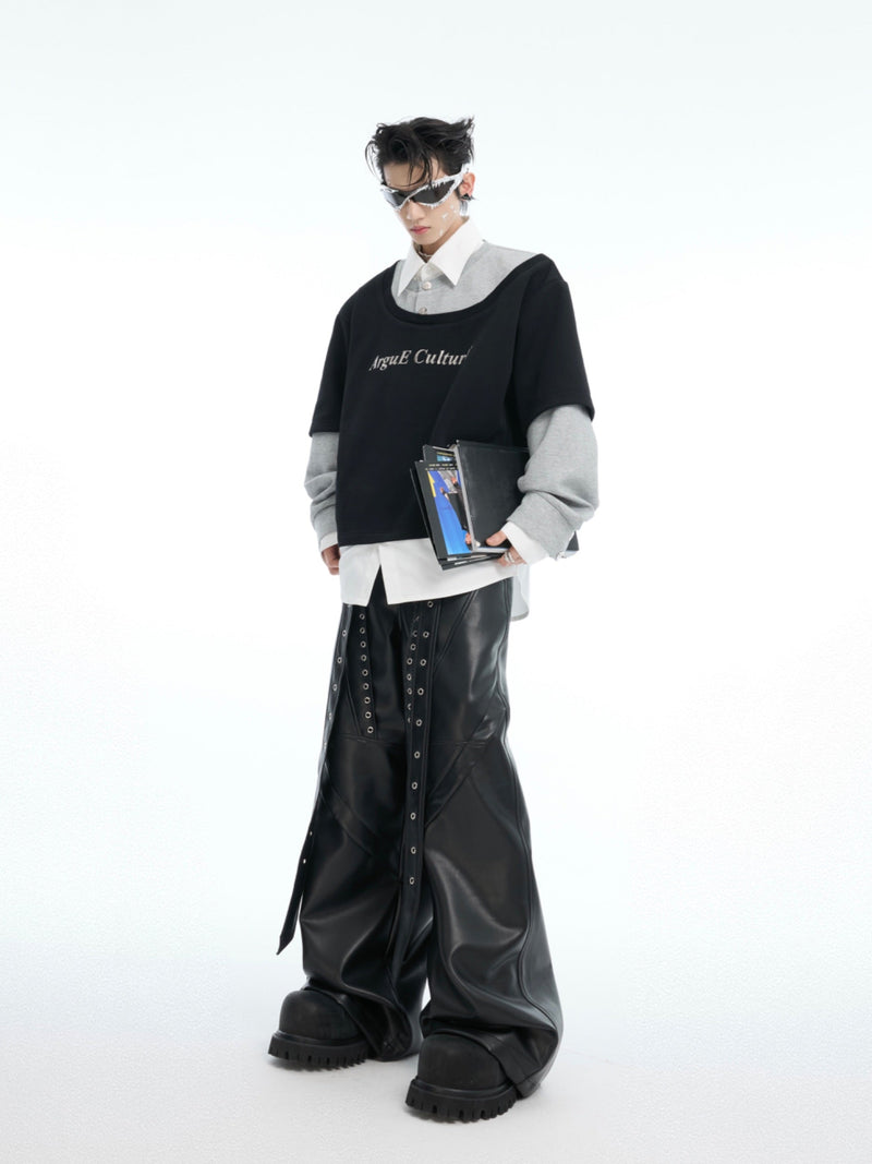 Black Leather Laced Wide Pants