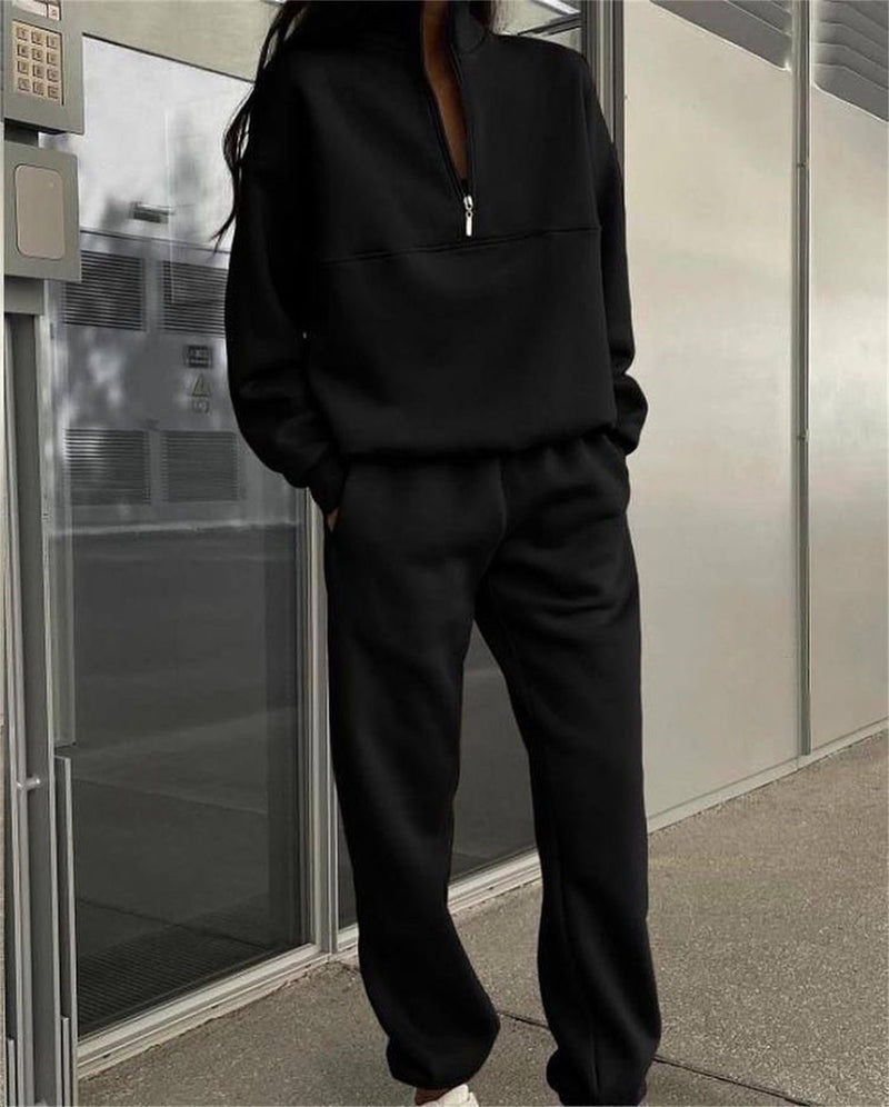 Long Sleeved Zipped Stand Collar Sweater Suit Autumn Winter Comfort Loose Sports Sweater Two Piece Set