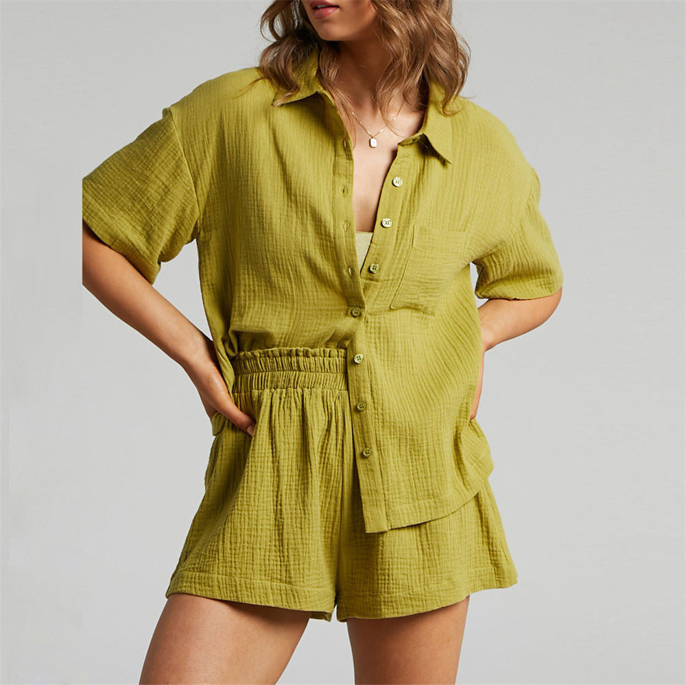 Color Shirt Outfit Loose Short Sleeves Single Breasted Clothing Spring Summer Shorts Two Piece Set