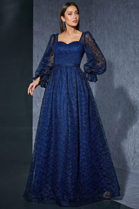 Crana Blue Embroidered Mesh Maxi Dress