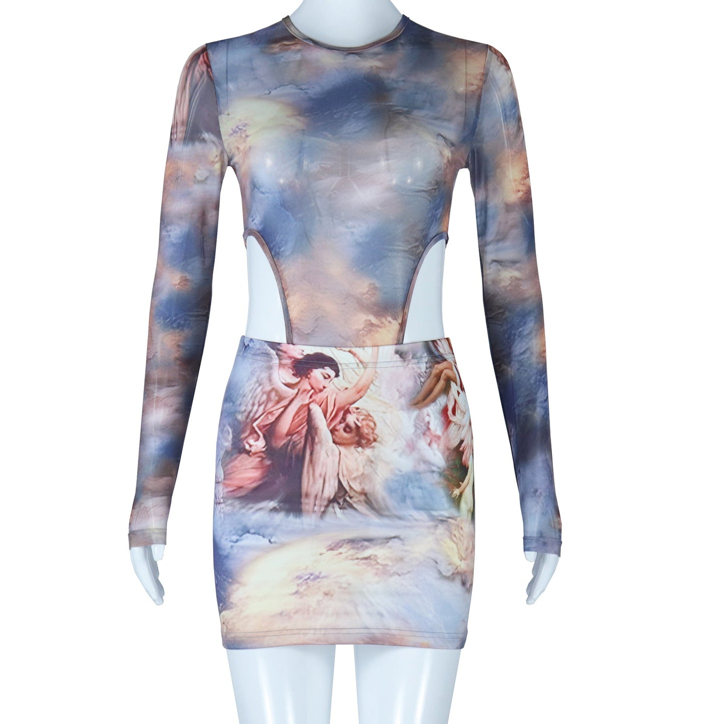 Tight Set Round Neck See Through Long Sleeve Jumpsuit Character Printed Hip Skirt Two Piece Suit