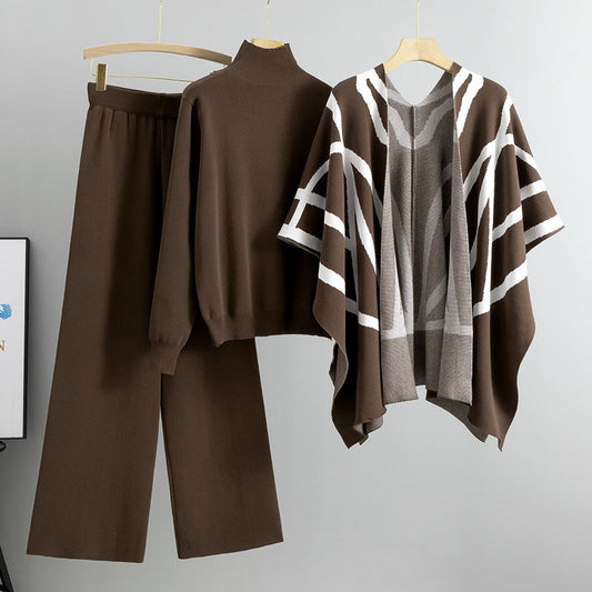 Coffee – Knit Sweater Shawl Three Piece Set