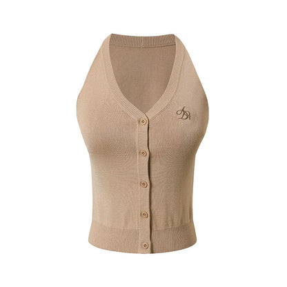 Sleeveless Ribbed Cardigan - V-neck Button-up Knit Tank Top