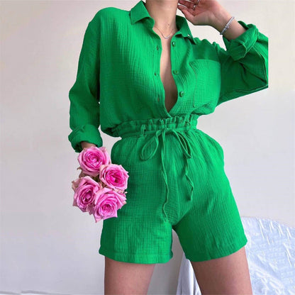 Clothing Suit Pure Cotton Summer Collared Long Sleeve Shirt High Waist Pocket Shorts Two Piece Set