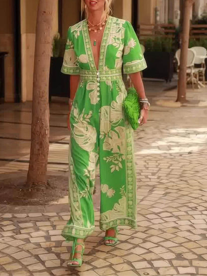 Fresh Holiday Print V-neck Short Sleeve Jumpsuit