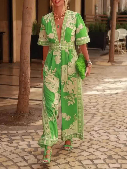 Fresh Holiday Print V-neck Short Sleeve Jumpsuit