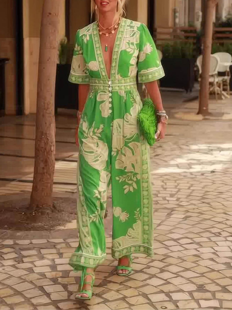 Fresh Holiday Print V-neck Short Sleeve Jumpsuit