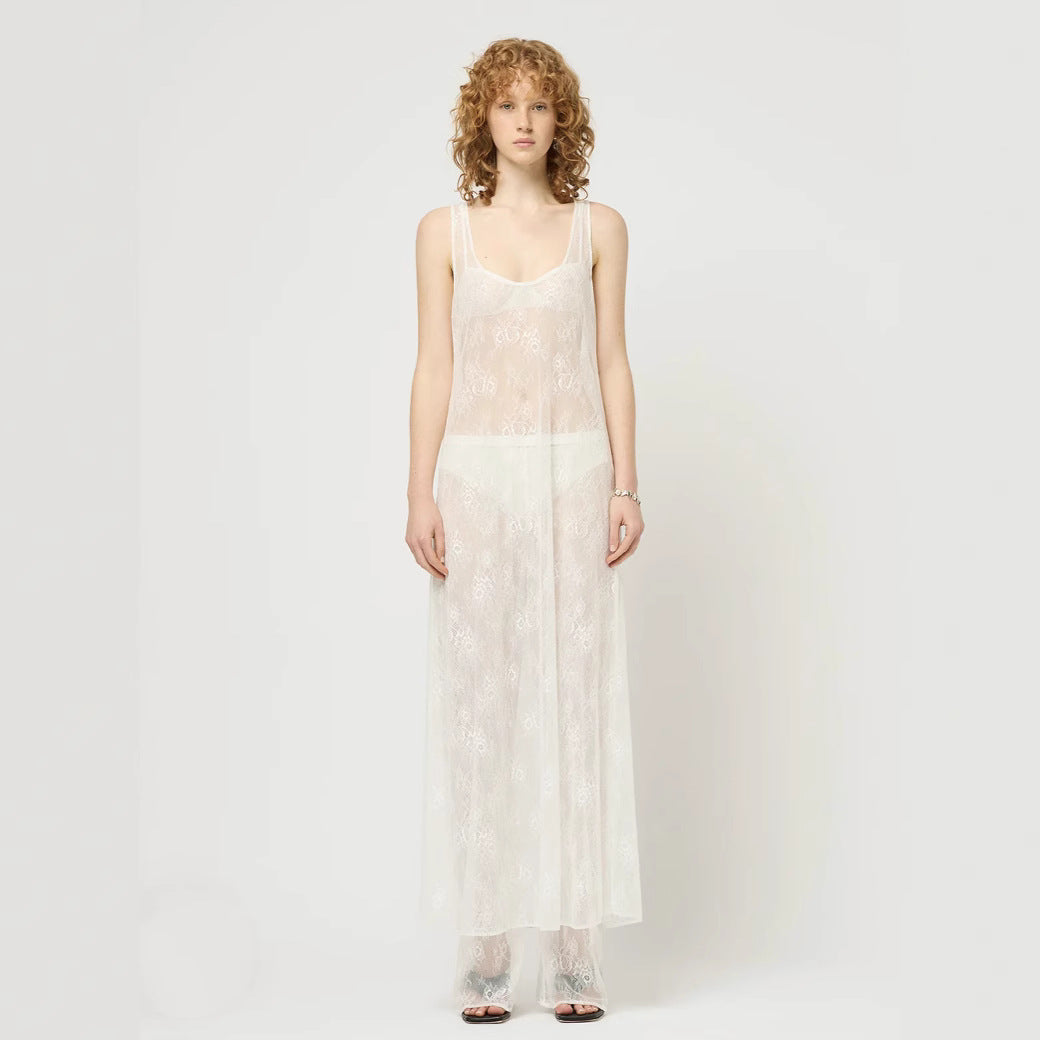 Spring Summer Clothing See Through Hollow Out Cutout Lace Blouse Dress