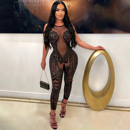 Sleeveless Round Neck See Through Jumpsuit Polyester Mesh Stitching Sequin Slim Fit Trousers