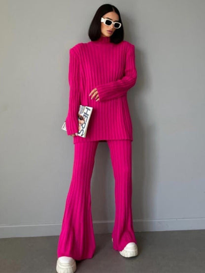 High Neck Ribbing Knitting Set Autumn Winter Pullover Sweater Pants Woolen Two Piece Set