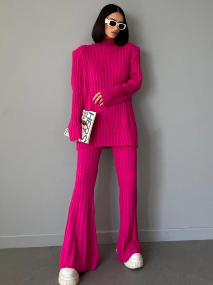 High Neck Ribbing Knitting Set Autumn Winter Pullover Sweater Pants Woolen Two Piece Set