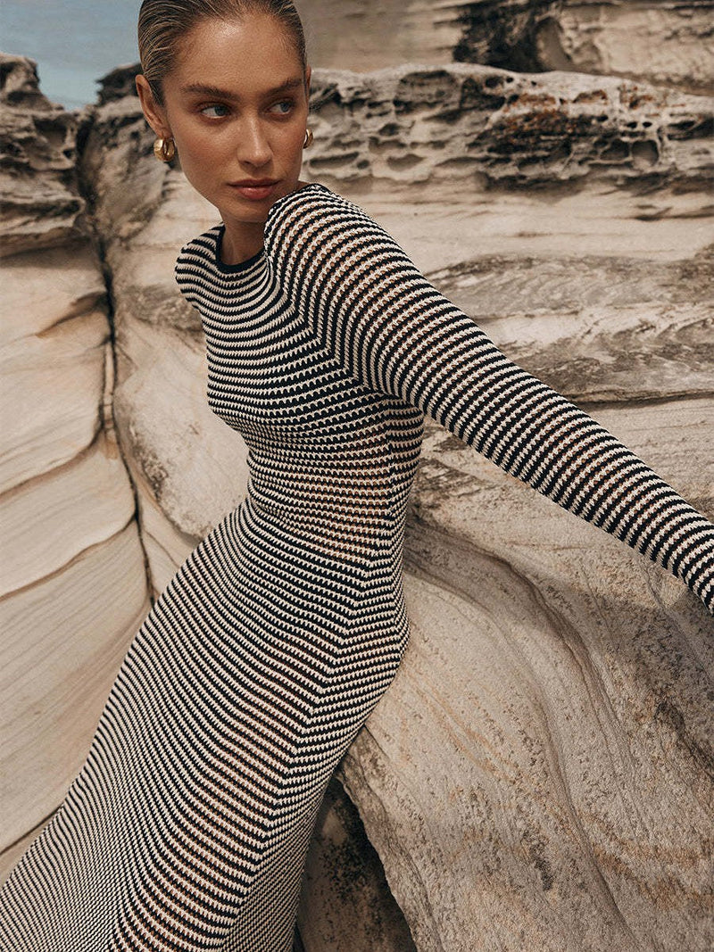Mesh Striped Beach Vacation Knitted Hollow Outmaxi Dress