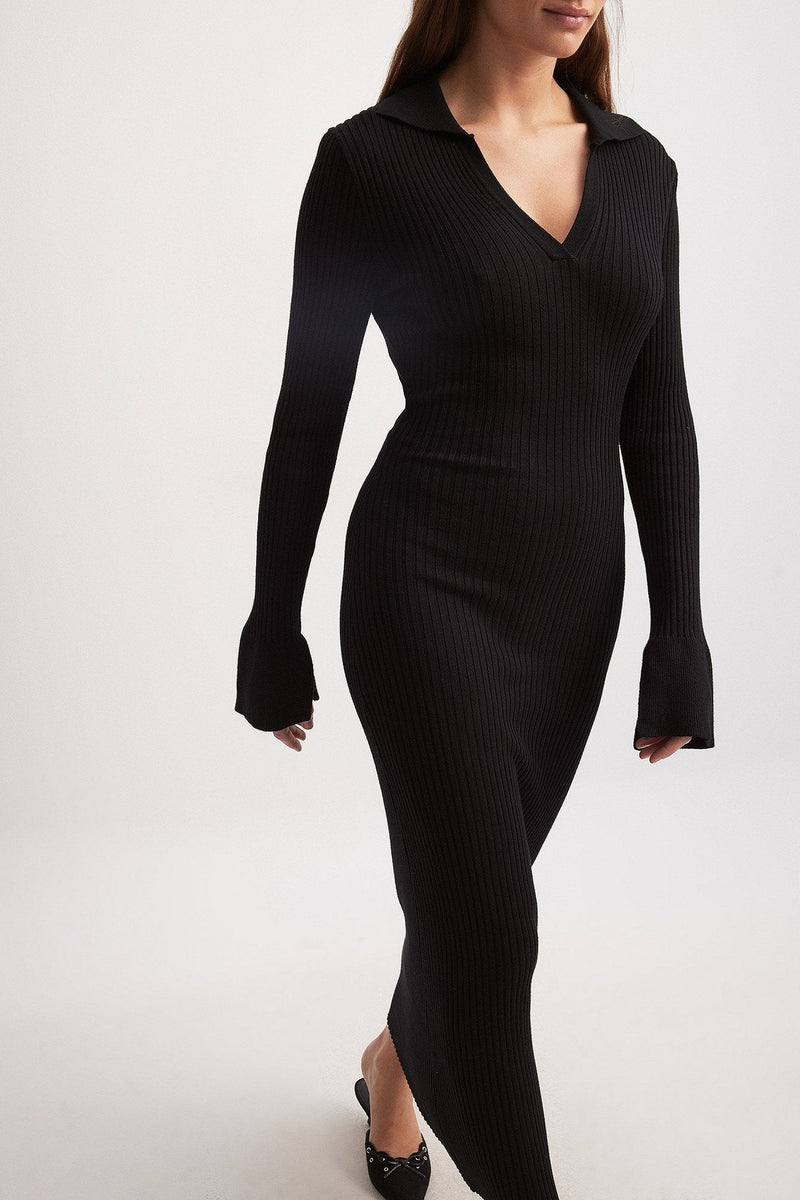 Clothing Long Sleeve Dress Knitted Deep V Plunge Sweater Maxi Dress