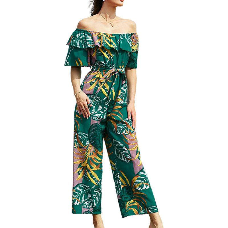 Clothing Off-shoulder Jumpsuit Summer Short Sleeve Chiffon Vacation Beach Jumpsuit