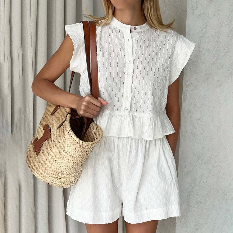 ��moq-5 Packs�� Summer Jacquard Short Sleeve Sense of Design Shirt Office Shorts Set for