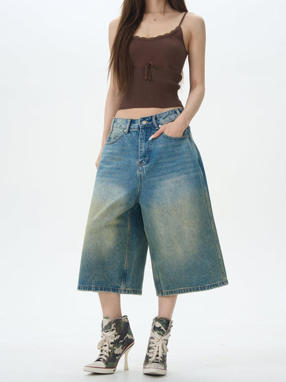 Faded Denim Wide Leg Shorts