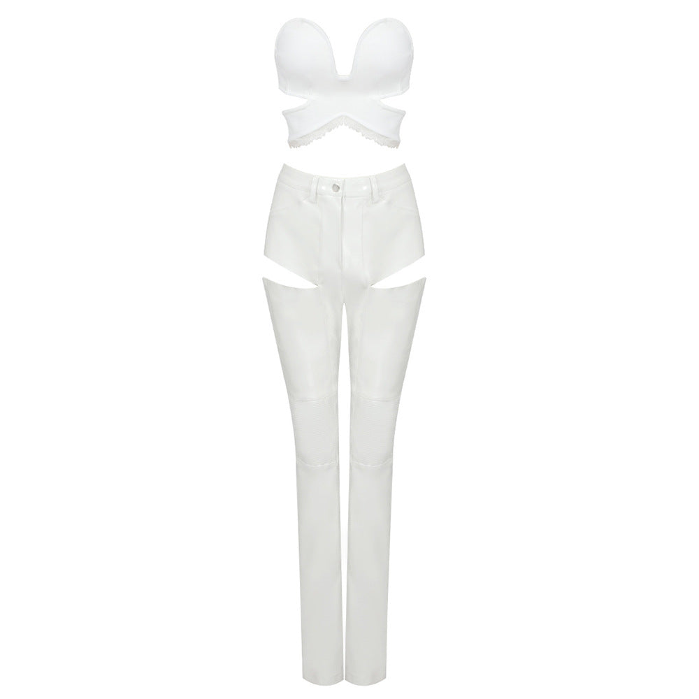 White Low Elastic Lace Lace Collared Blouse Open Faux Leather Hollow Out Cutout Out Trousers Stretch Two Piece Set Suit
