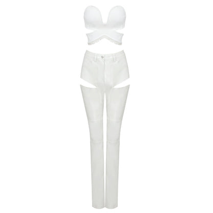White Low Elastic Lace Lace Collared Blouse Open Faux Leather Hollow Out Cutout Out Trousers Stretch Two Piece Set Suit