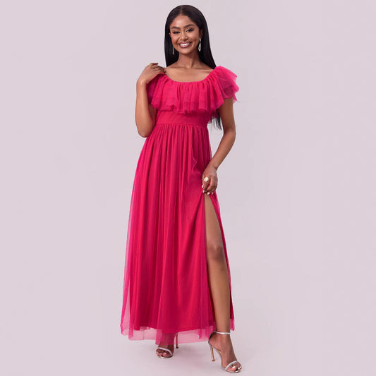 Spring Summer Clothing Off Shoulder Tube Top Dress Folding Chiffon Big Hem Dress Maxi Dress