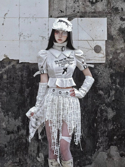 Punk Text Print Puff Sleeve Blouse With Straps and Ruffled Waist Detail