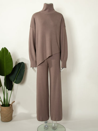 Half Turtleneck Irregular Asymmetric Sweater Suit Beveled Sweater Knitted Wide Leg Pants